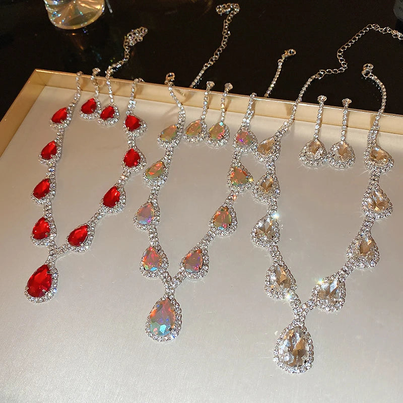Inlaid Red Rhinestone Necklace Earring Set For Women Light Luxury Water Drop Choker Necklace Bridal Wedding Party Jewelry Sets