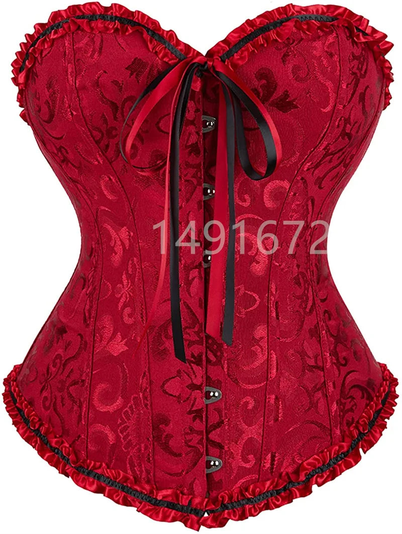 Sapubonva Corset Sexy Women's Plus Size Corsets and Bustiers Overbust Floral Gothic Brocade Corselet Clothing Top White Black
