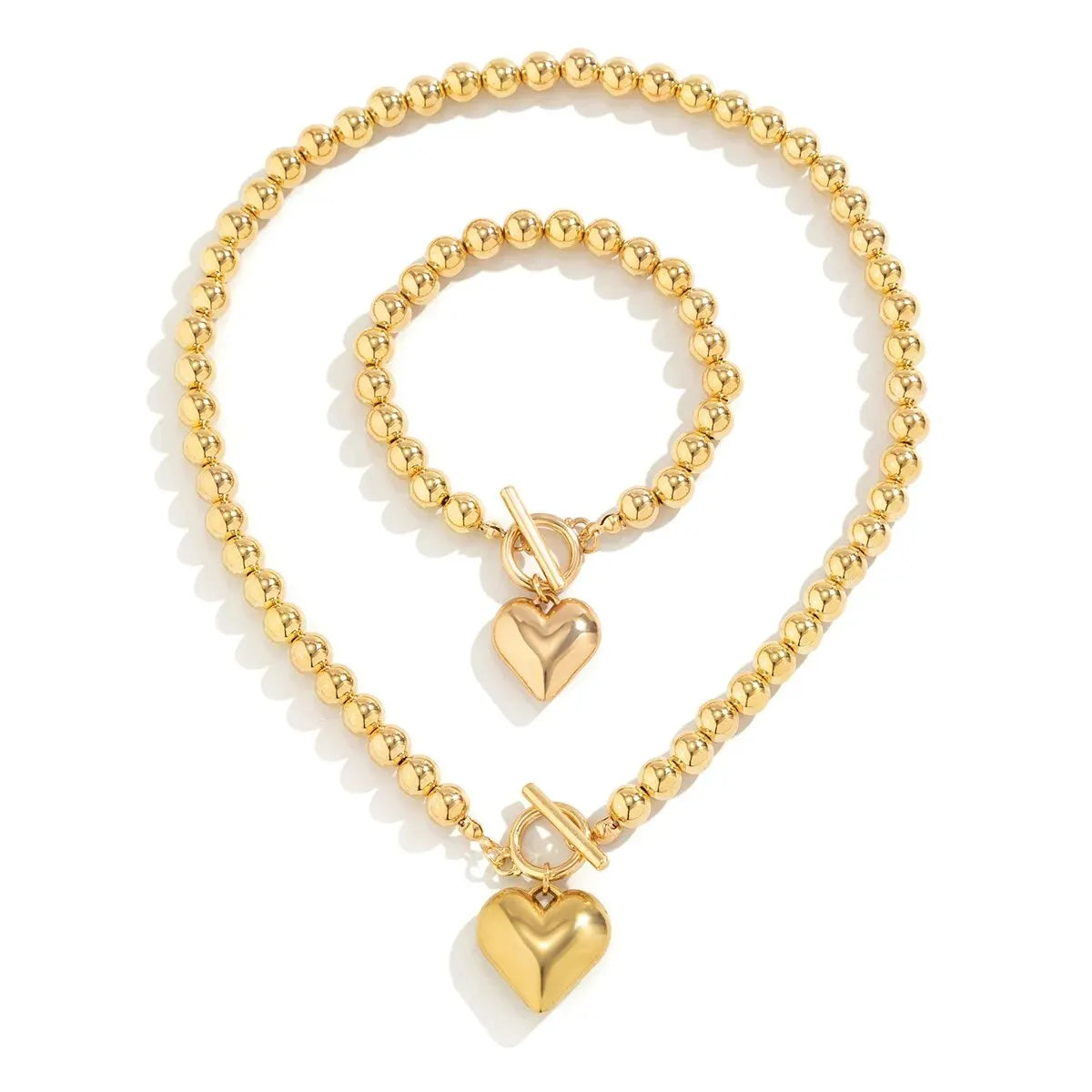 2Pcs Luxury Gold Color Beads Heart Pendant Necklace Bracelet for Women Punk Vintage OT Buckle Choker Wedding Party Jewelry Set