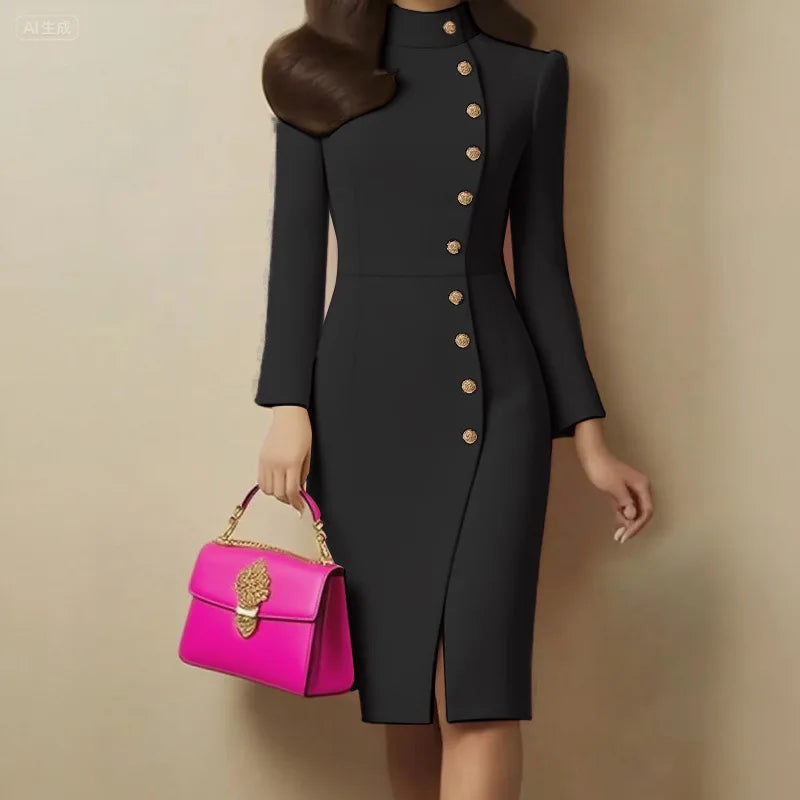 Elegant Stand Collar Split Slim Fit Midi Dress Women's Fashion Single Breasted Solid Party Dress Casual Long Sleeve Autumn Dress
