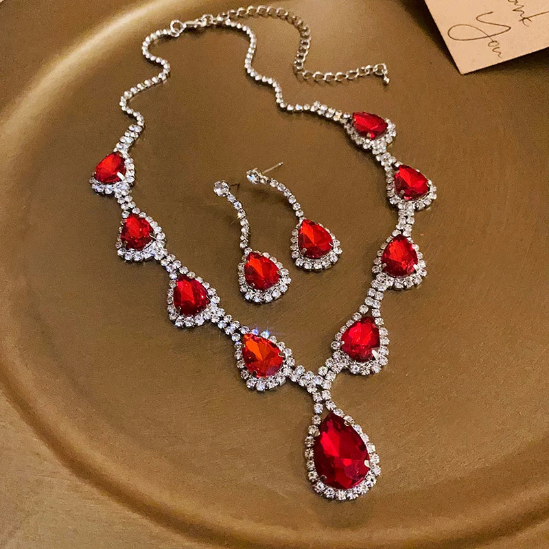 Inlaid Red Rhinestone Necklace Earring Set For Women Light Luxury Water Drop Choker Necklace Bridal Wedding Party Jewelry Sets