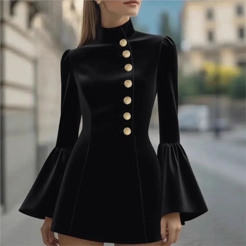 OL Temperament Slim Suit Dress Y2k New Solid Colour Stand-up Collar Flared Sleeve Single-breasted Mini Dresses For Women 2025