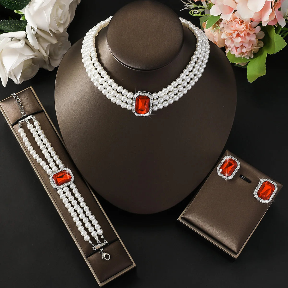 Women's fashion light luxury multi-layer imitation pearl geometric inlaid rhinestone jewelry set, high-end first accessory