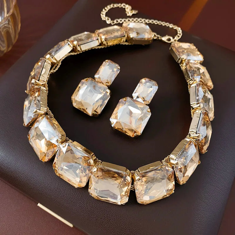 Inlaid Red Rhinestone Necklace Earring Set For Women Light Luxury Water Drop Choker Necklace Bridal Wedding Party Jewelry Sets