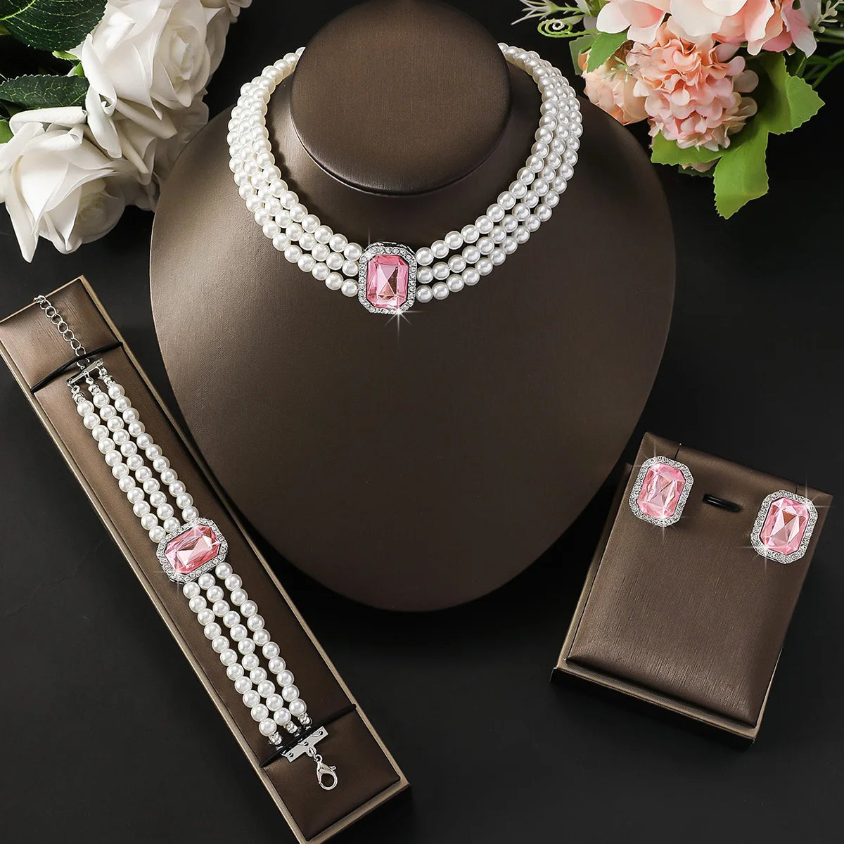 Women's fashion light luxury multi-layer imitation pearl geometric inlaid rhinestone jewelry set, high-end first accessory