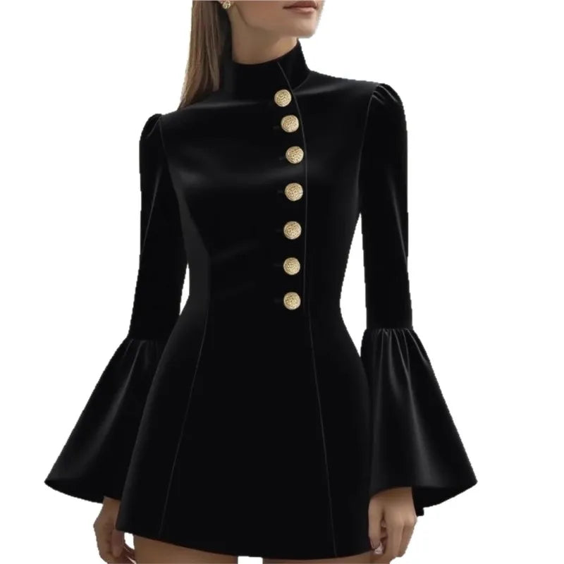 OL Temperament Slim Suit Dress Y2k New Solid Colour Stand-up Collar Flared Sleeve Single-breasted Mini Dresses For Women 2025