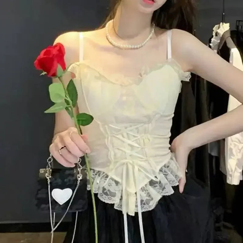 Clothes Blouses Sexy Crop Tops Women Corset Lace Bandage T-shirt Camisole Woman Sling Tank Top Fashion Sleeveless Waistcoat