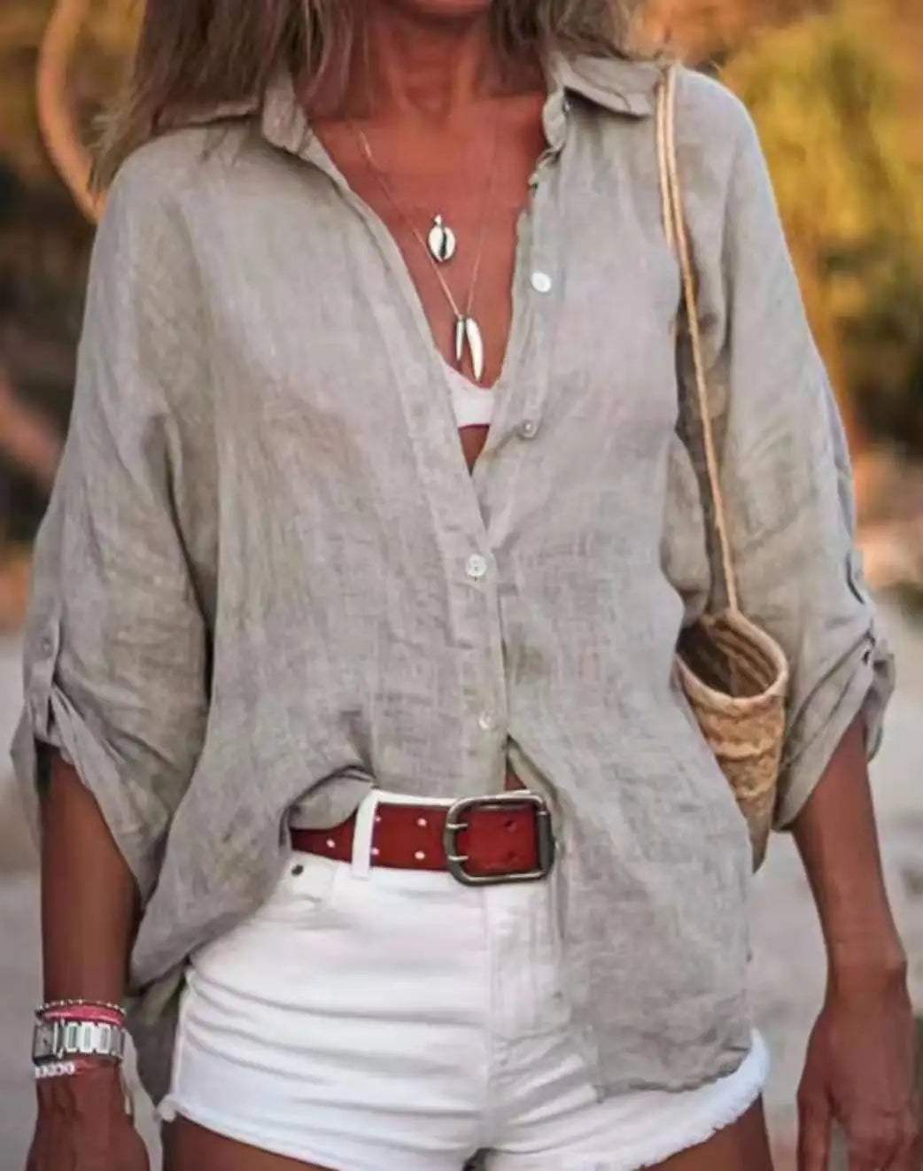 Women Cotton Linen Blouse Shirt Summer Female Turn Down Collar Three Quarter Loose Blouse Tops FYY-85