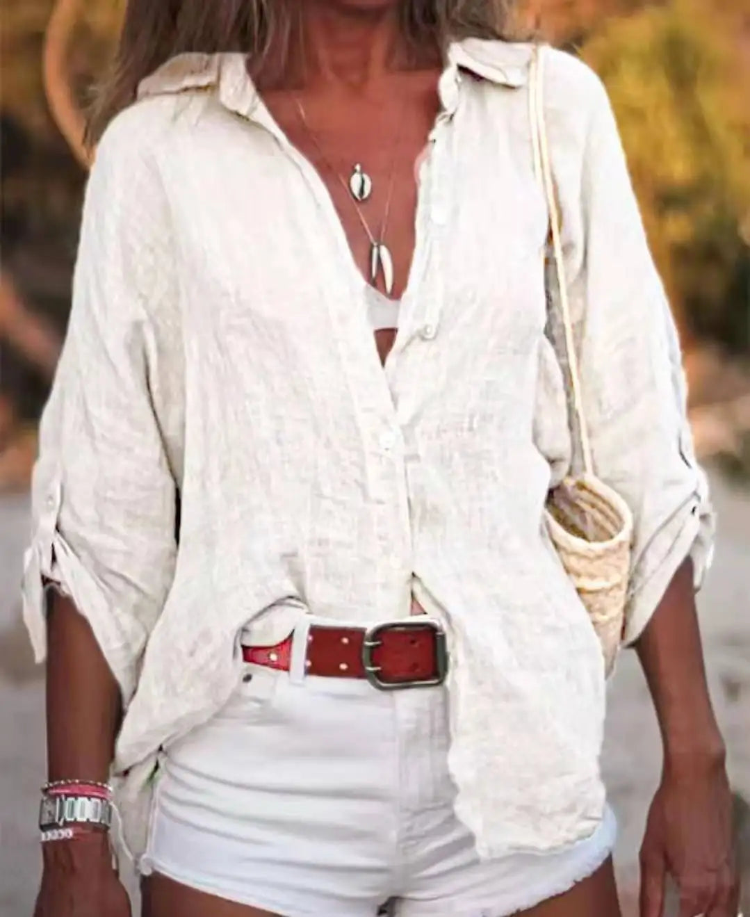 Women Cotton Linen Blouse Shirt Summer Female Turn Down Collar Three Quarter Loose Blouse Tops FYY-85