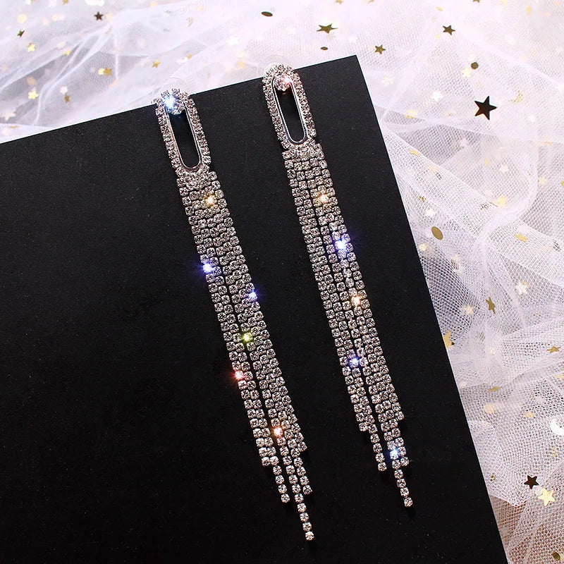 Fashion Shiny Long Tassel Drop Earrings for Women Full Rhinestone Crystal Dangle Earring Girl Wedding Party Personality Jewelry