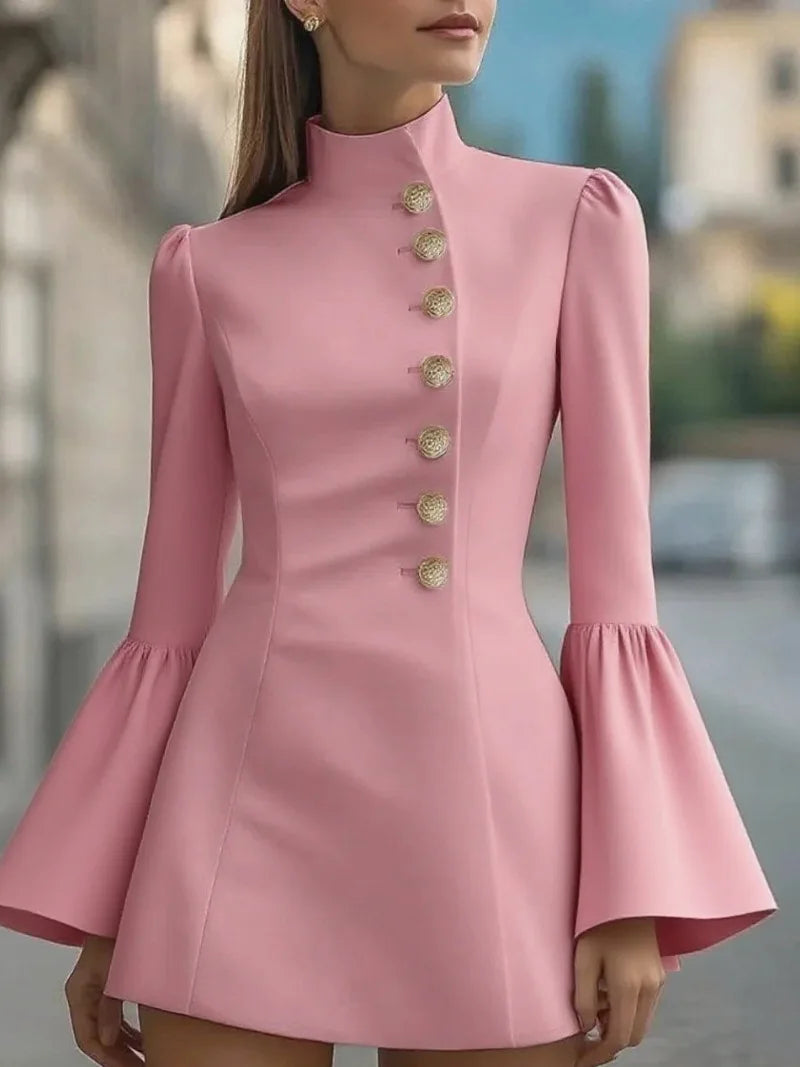 OL Temperament Slim Suit Dress Y2k New Solid Colour Stand-up Collar Flared Sleeve Single-breasted Mini Dresses For Women 2025