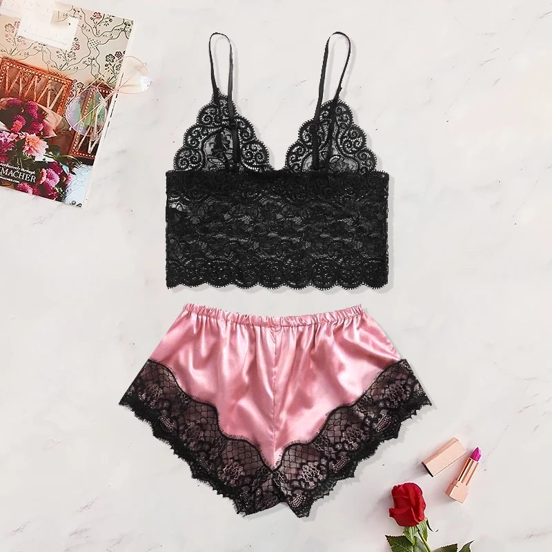 Sexy Lace Pajama Set for Women 2Pcs Summer Sleepwear Lingerie Nightwear Black Lace Cami Top with Pink Shorts Comfortable