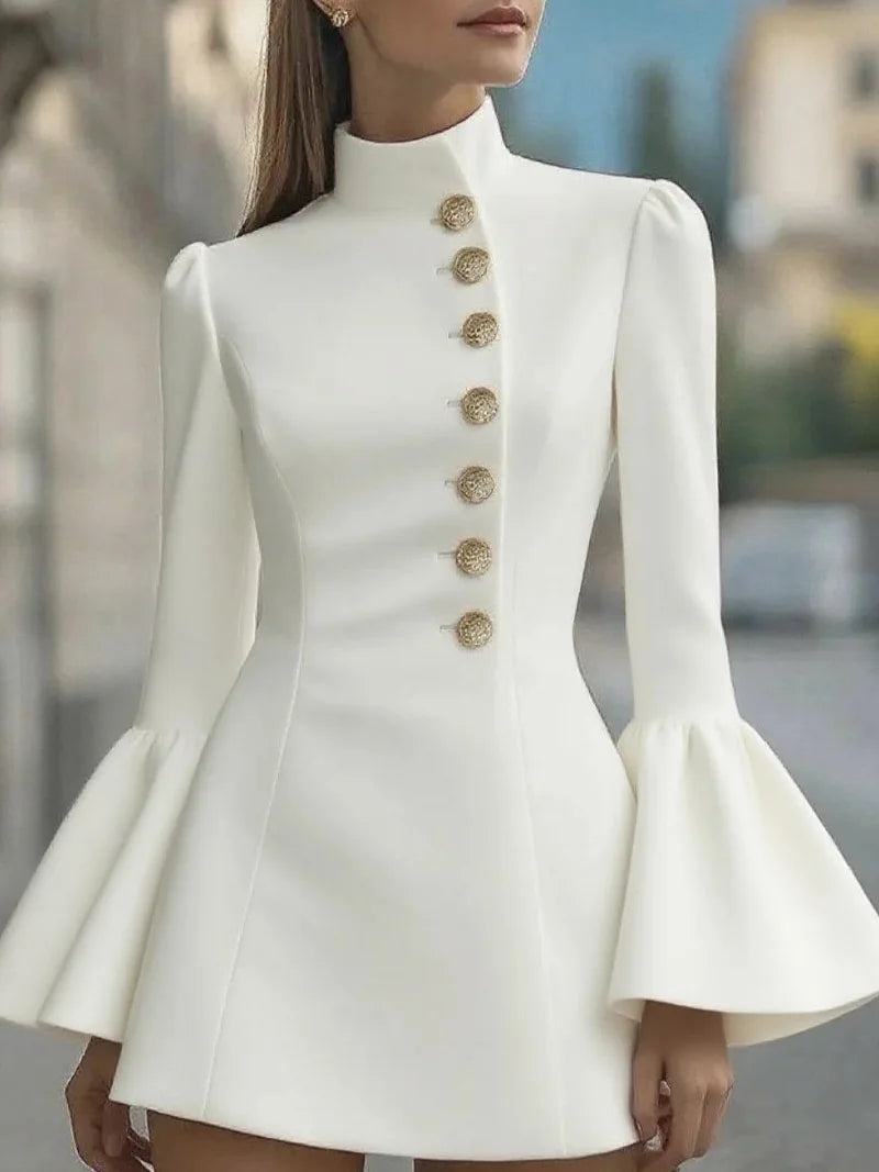 OL Temperament Slim Suit Dress Y2k New Solid Colour Stand-up Collar Flared Sleeve Single-breasted Mini Dresses For Women 2025