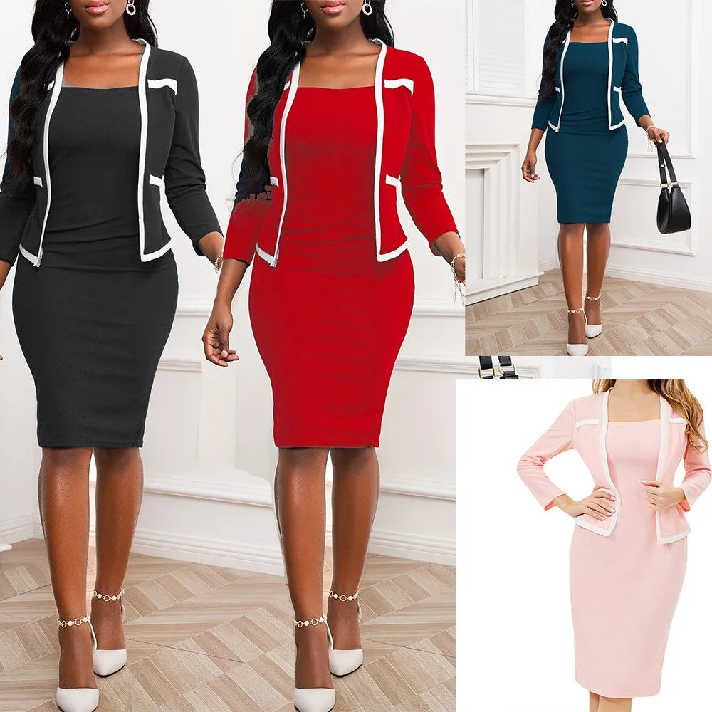 Fashion Spliced three-quarter Sleeve Cardigan Dress 2 Piece Set Women Autumn Slim Fit Hip-hugging Elegant Female Office Dress