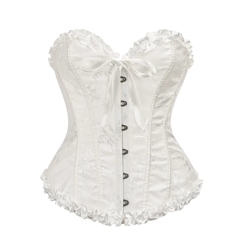 Yellow Jacquard Ruffled Trim Boned Sexy Overbust Push Up Bustier Top Corset Mujer Slimming Corsets For Women Sexy Gothic Clothes