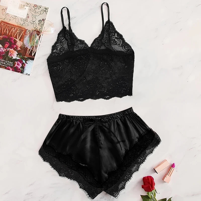 Sexy Lace Pajama Set for Women 2Pcs Summer Sleepwear Lingerie Nightwear Black Lace Cami Top with Pink Shorts Comfortable