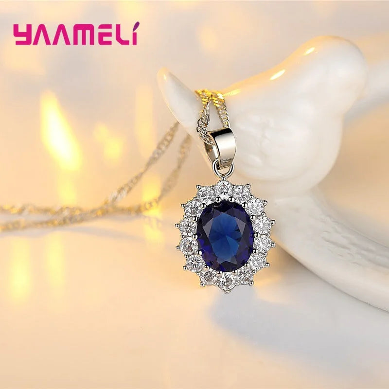 Authentic 925 Sterling Silver Plated Women Wedding Engagement Jewelry Sets Princess Oval Zircon Crystal Necklace Earrings Ring