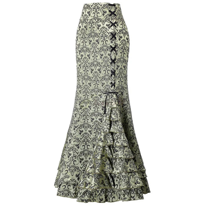 Women's Skirt Gothic Vintage Halloween Steampunk Lace-Up Tiered Ruffled Fishtail Skirt Mermaid Long Dresses Medieval Costumes