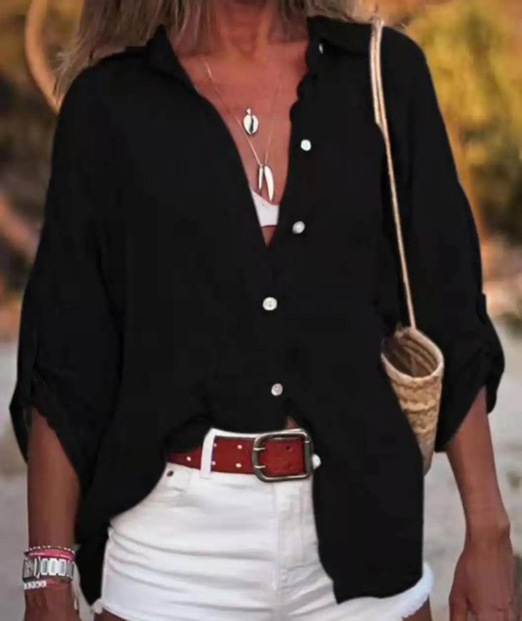Women Cotton Linen Blouse Shirt Summer Female Turn Down Collar Three Quarter Loose Blouse Tops FYY-85