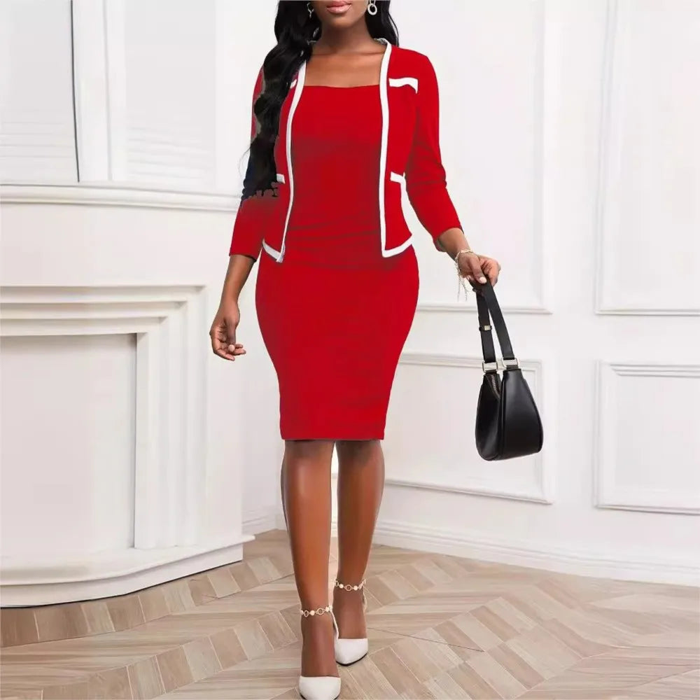 Fashion Spliced three-quarter Sleeve Cardigan Dress 2 Piece Set Women Autumn Slim Fit Hip-hugging Elegant Female Office Dress