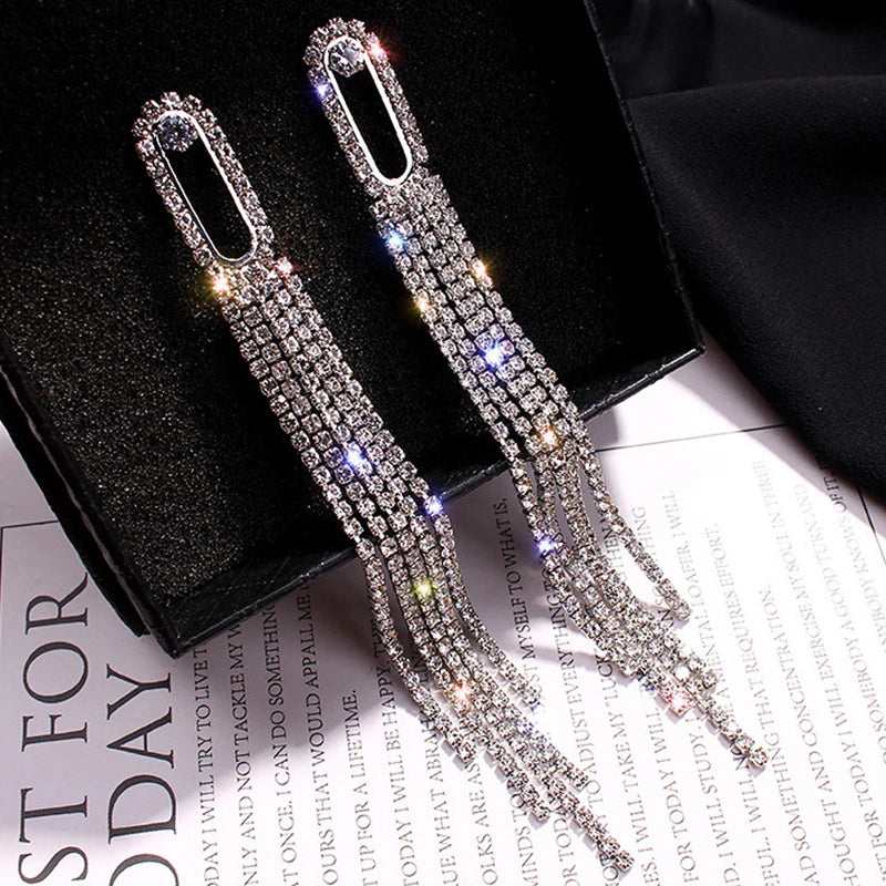 Fashion Shiny Long Tassel Drop Earrings for Women Full Rhinestone Crystal Dangle Earring Girl Wedding Party Personality Jewelry