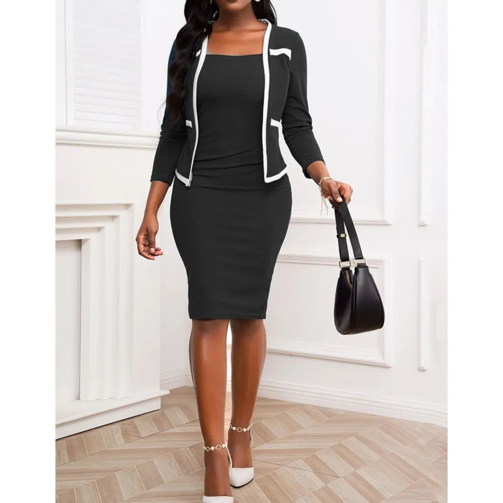Fashion Spliced three-quarter Sleeve Cardigan Dress 2 Piece Set Women Autumn Slim Fit Hip-hugging Elegant Female Office Dress