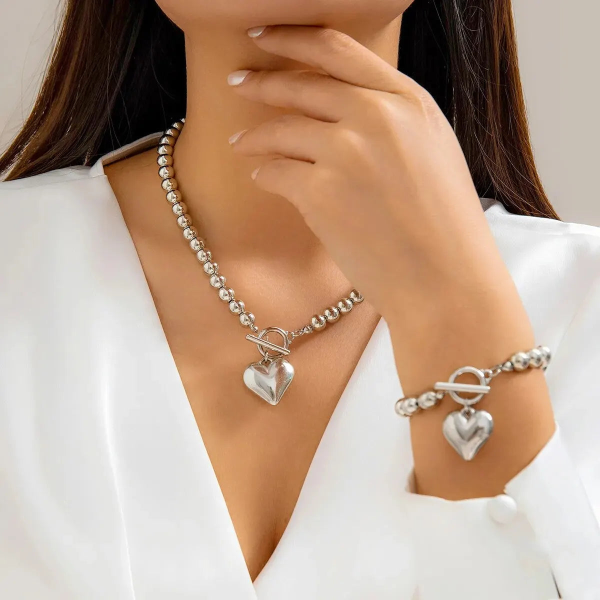 2Pcs Luxury Gold Color Beads Heart Pendant Necklace Bracelet for Women Punk Vintage OT Buckle Choker Wedding Party Jewelry Set