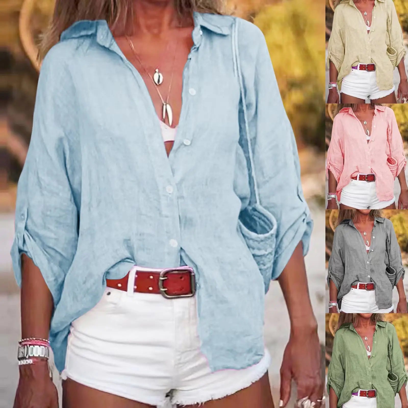 Women Cotton Linen Blouse Shirt Summer Female Turn Down Collar Three Quarter Loose Blouse Tops FYY-85