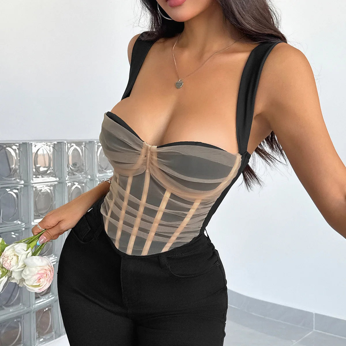 Sleeveless Mesh Bones Crop Tops Y2k Camisole Sexy Women Slim Shaper Vest Fashion Fit Tank Top Summer Corset Party Rave Bustier