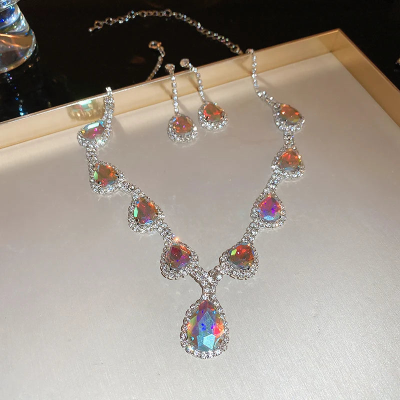 Inlaid Red Rhinestone Necklace Earring Set For Women Light Luxury Water Drop Choker Necklace Bridal Wedding Party Jewelry Sets