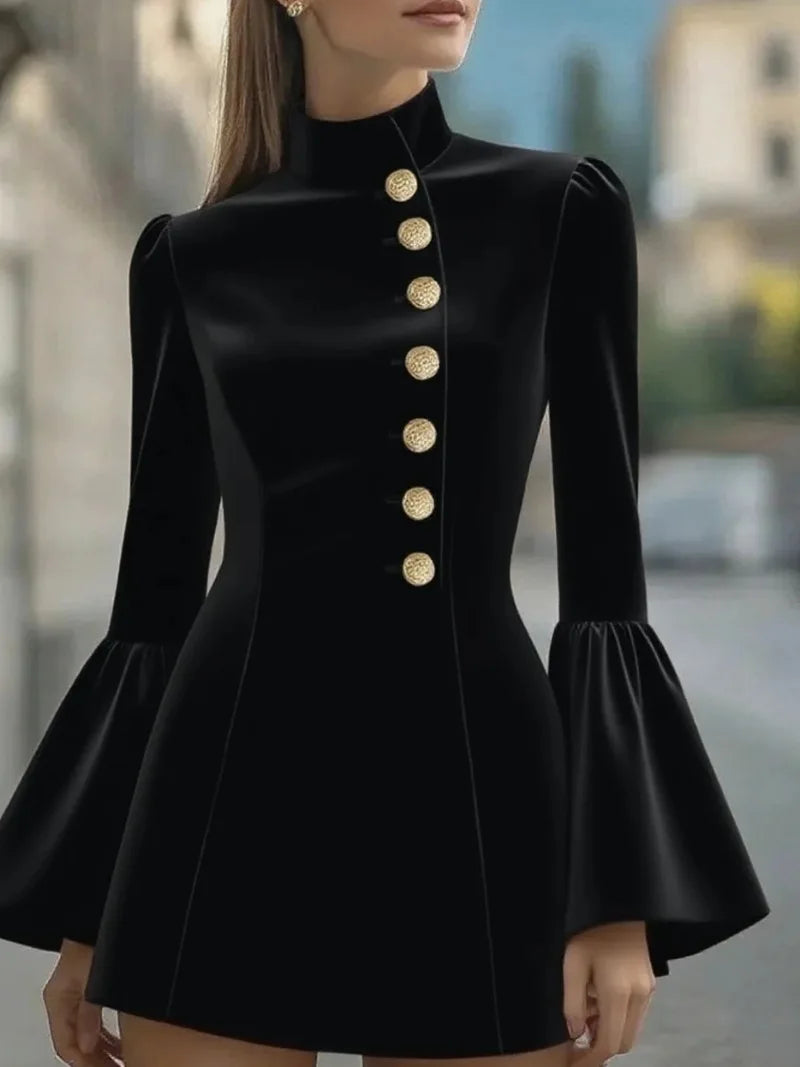 OL Temperament Slim Suit Dress Y2k New Solid Colour Stand-up Collar Flared Sleeve Single-breasted Mini Dresses For Women 2025