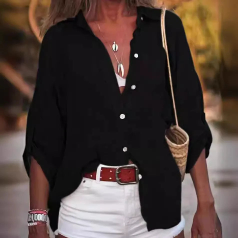 Women Cotton Linen Blouse Shirt Summer Female Turn Down Collar Three Quarter Loose Blouse Tops FYY-85