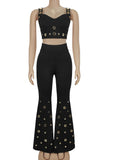 Kricesseen Gorgeous Metal Eyelet Wide Legs Pants Set 2 Piece Outfits Stylish Bustier Top And Holes Trousers Suits Set Clubwear