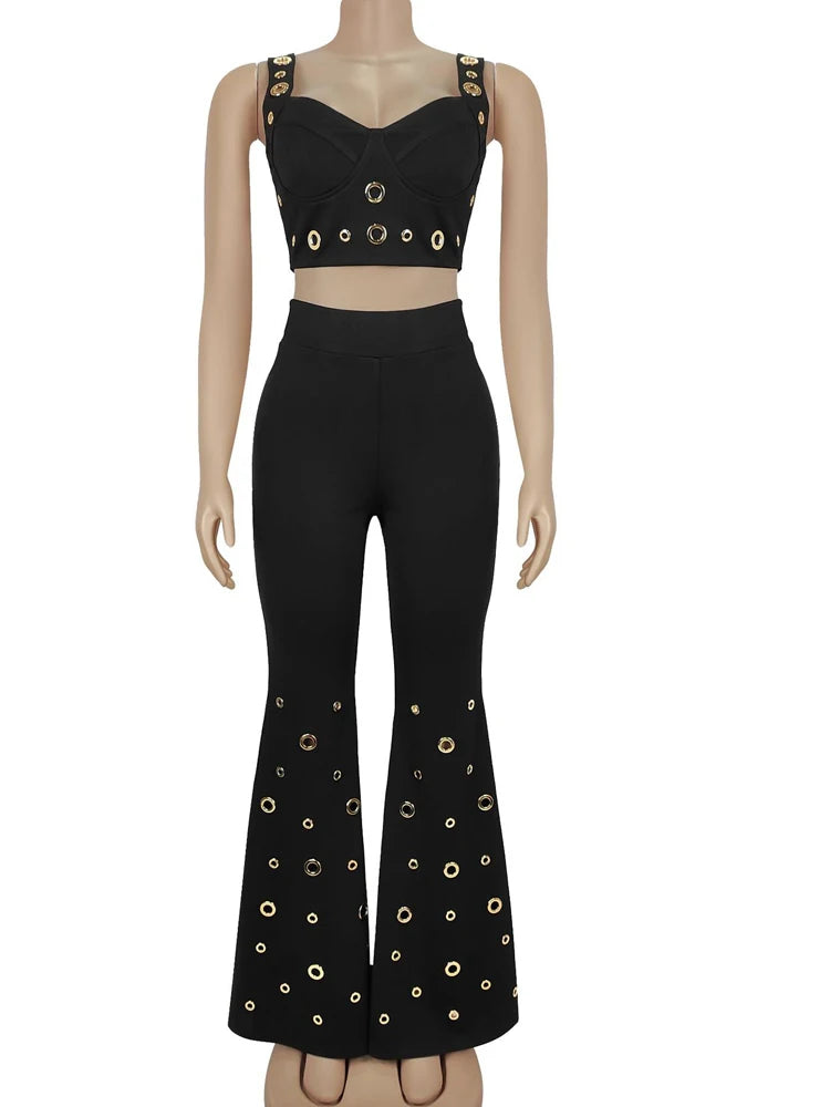 Kricesseen Gorgeous Metal Eyelet Wide Legs Pants Set 2 Piece Outfits Stylish Bustier Top And Holes Trousers Suits Set Clubwear