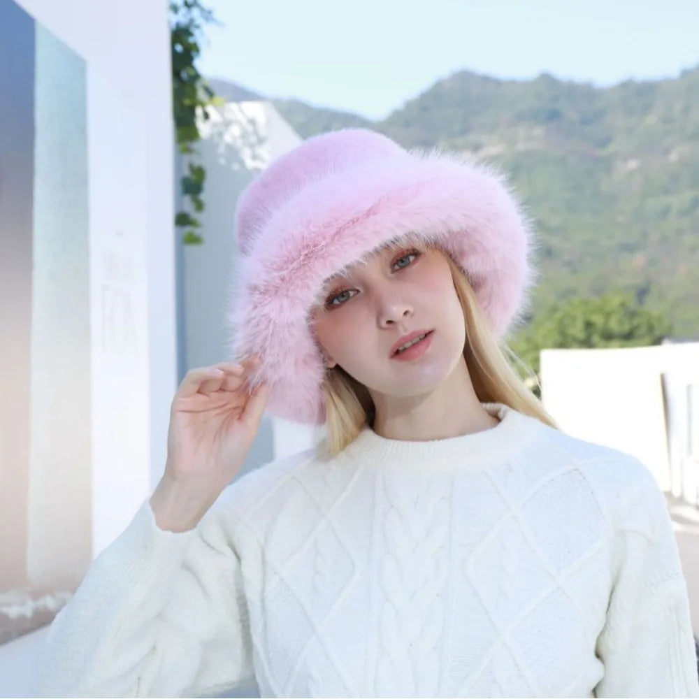 Warm Women's Winter Hat Fluffy Fur Bucket Hat For Women Plush Fisherman Hat Thicken Cold Snowy Day Panama Cap