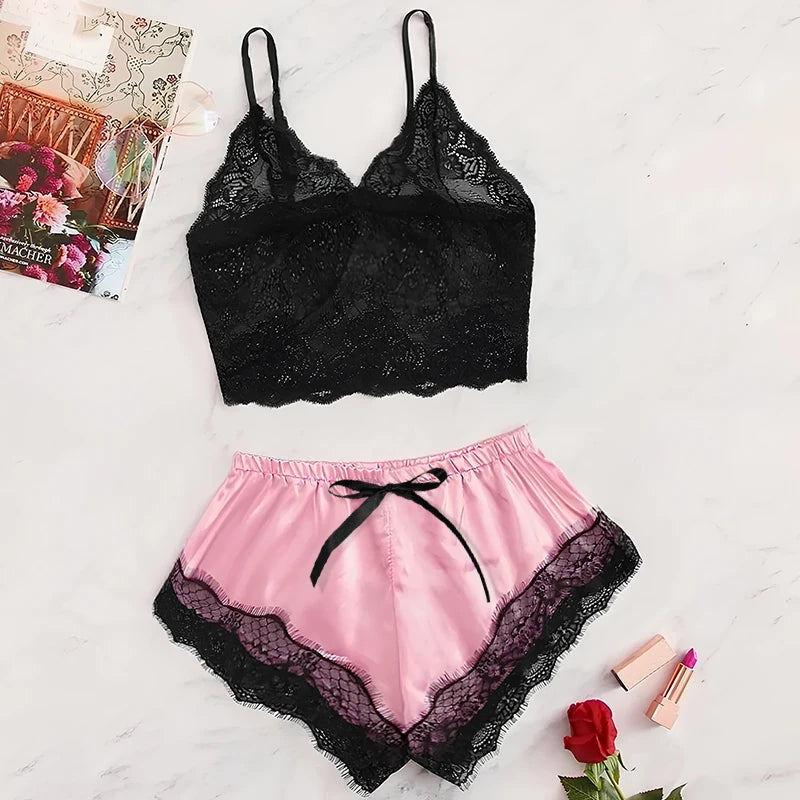 Sexy Lace Pajama Set for Women 2Pcs Summer Sleepwear Lingerie Nightwear Black Lace Cami Top with Pink Shorts Comfortable