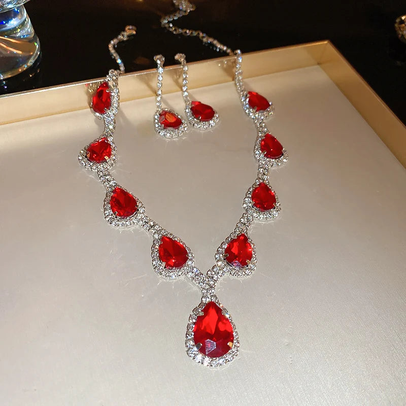 Inlaid Red Rhinestone Necklace Earring Set For Women Light Luxury Water Drop Choker Necklace Bridal Wedding Party Jewelry Sets
