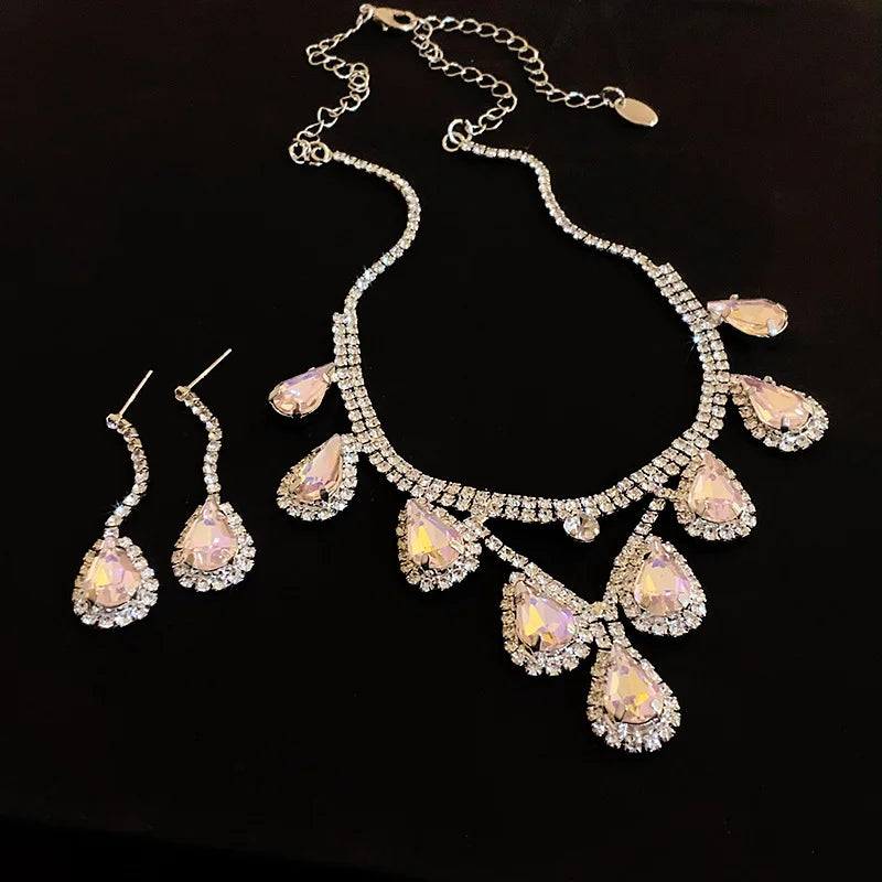 Inlaid Red Rhinestone Necklace Earring Set For Women Light Luxury Water Drop Choker Necklace Bridal Wedding Party Jewelry Sets