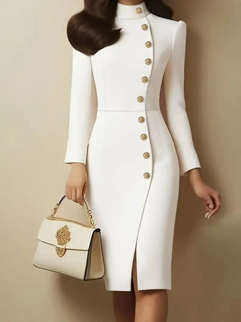 Elegant Stand Collar Split Slim Fit Midi Dress Women's Fashion Single Breasted Solid Party Dress Casual Long Sleeve Autumn Dress