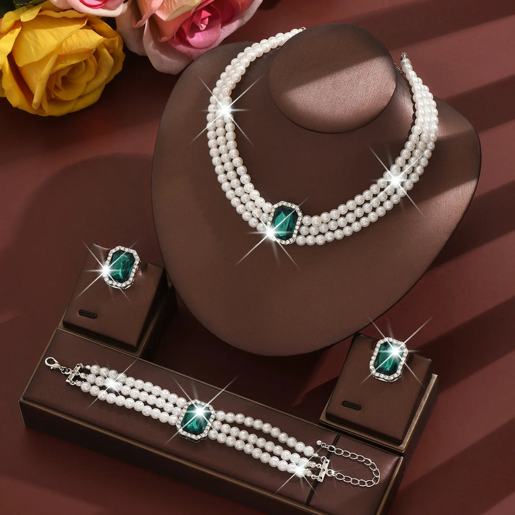 Women's fashion light luxury multi-layer imitation pearl geometric inlaid rhinestone jewelry set, high-end first accessory