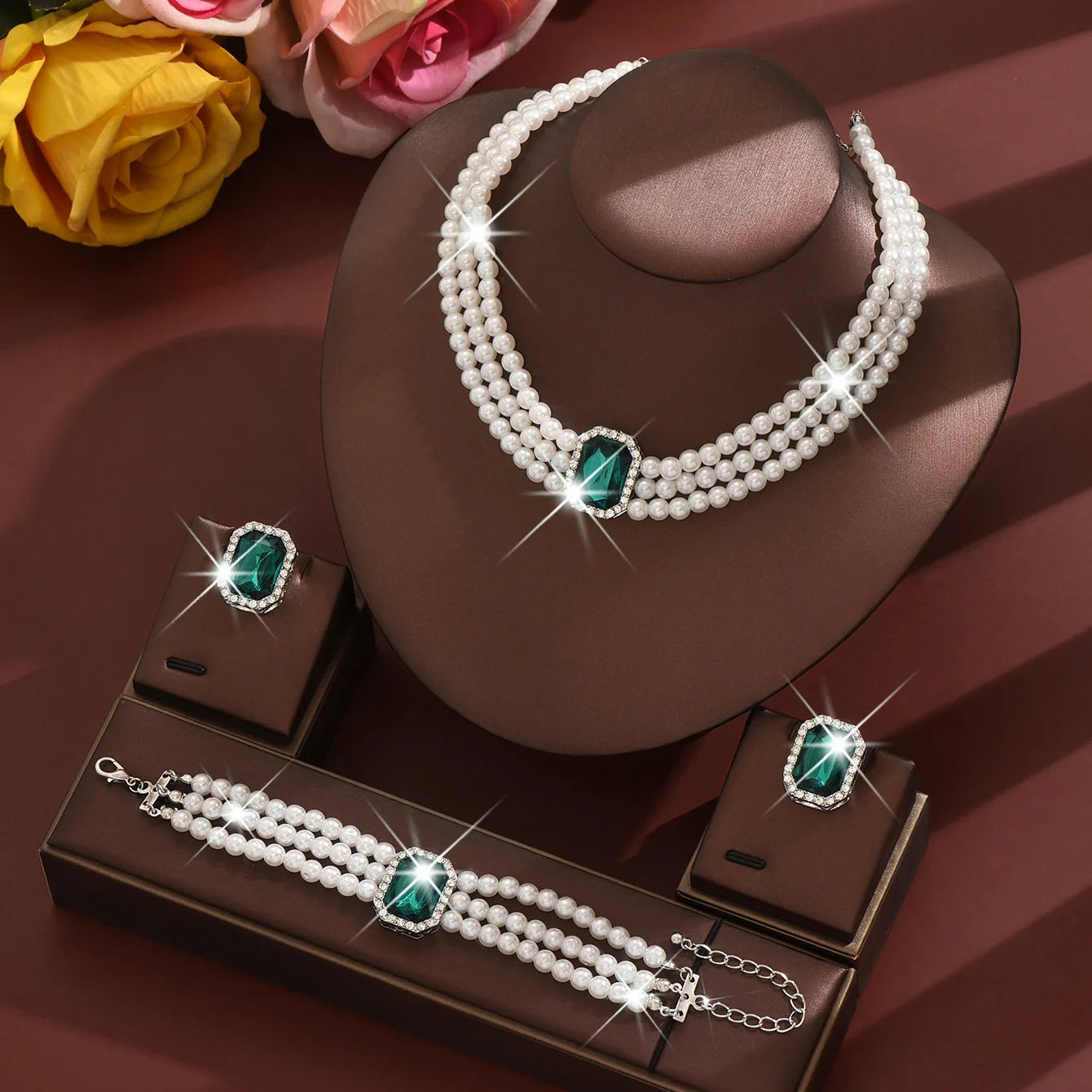 Women's fashion light luxury multi-layer imitation pearl geometric inlaid rhinestone jewelry set, high-end first accessory