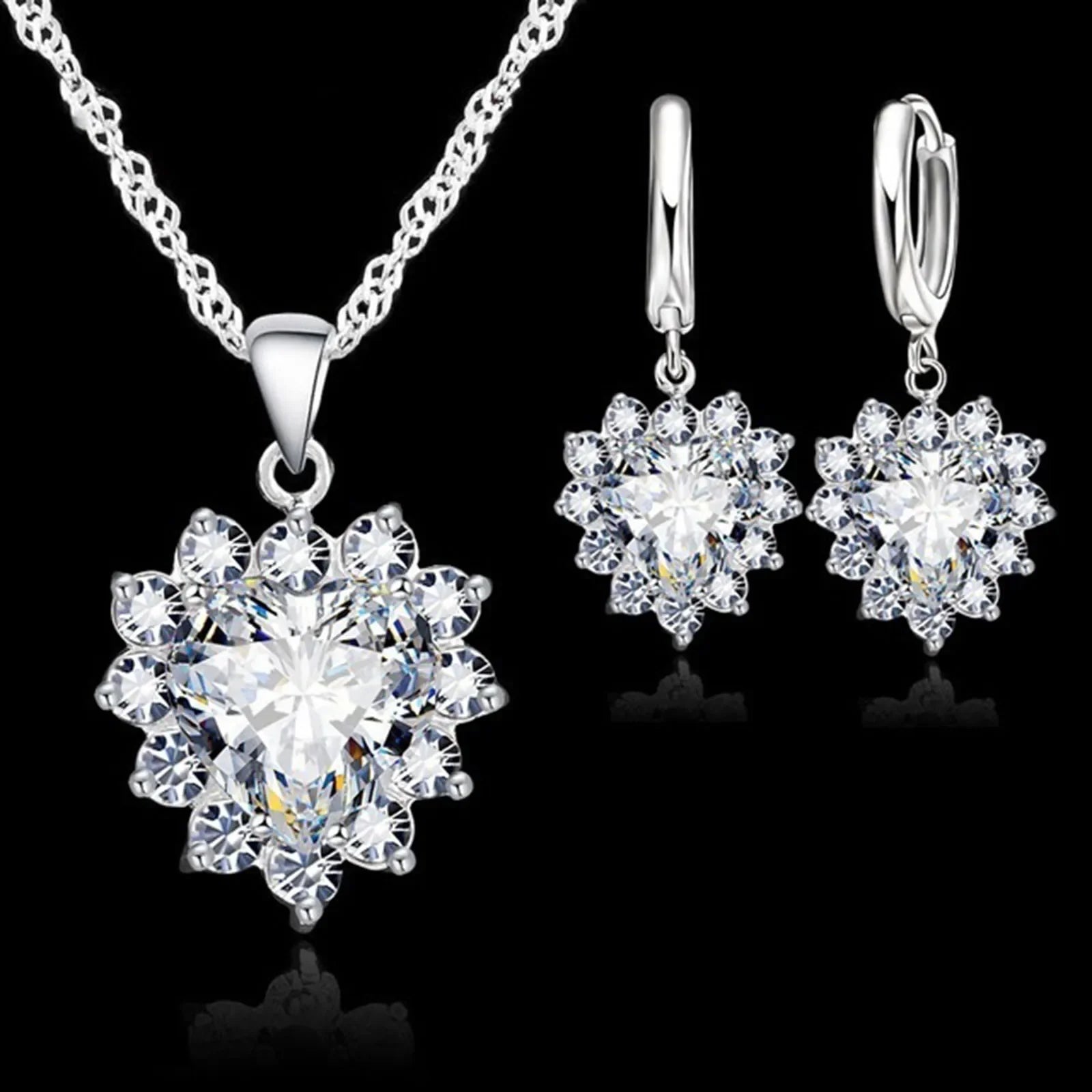Top Sale Wding Engagement Anniversary Gift Jewelry Sets 925 Silver Color Stamped Heart Pendant Hoop Earrings for Women Girls