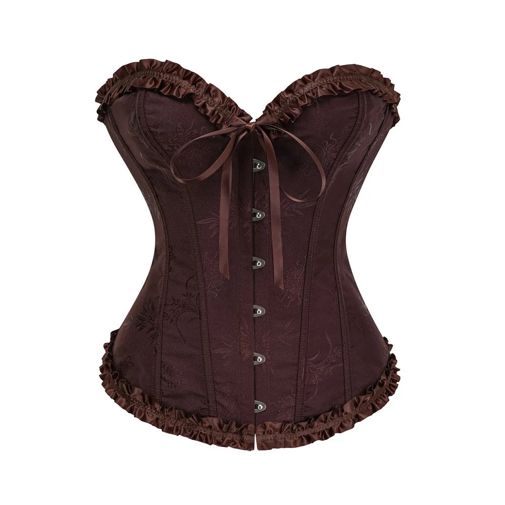 Yellow Jacquard Ruffled Trim Boned Sexy Overbust Push Up Bustier Top Corset Mujer Slimming Corsets For Women Sexy Gothic Clothes
