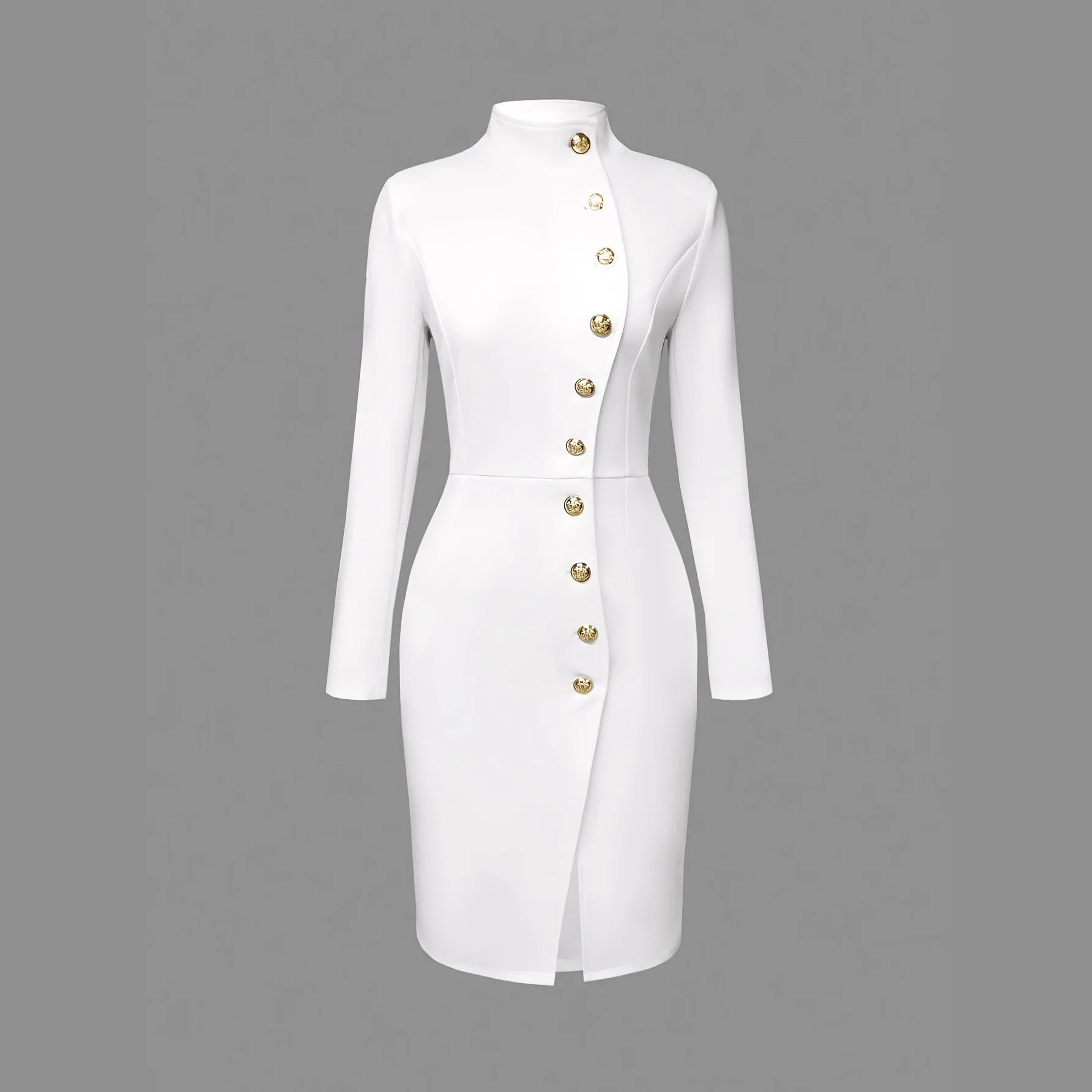 Elegant Stand Collar Split Slim Fit Midi Dress Women's Fashion Single Breasted Solid Party Dress Casual Long Sleeve Autumn Dress