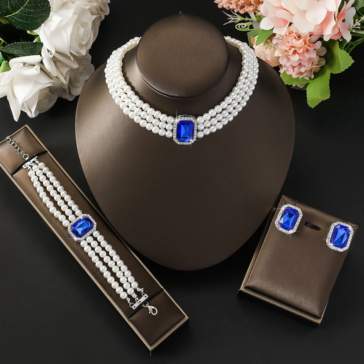 Women's fashion light luxury multi-layer imitation pearl geometric inlaid rhinestone jewelry set, high-end first accessory