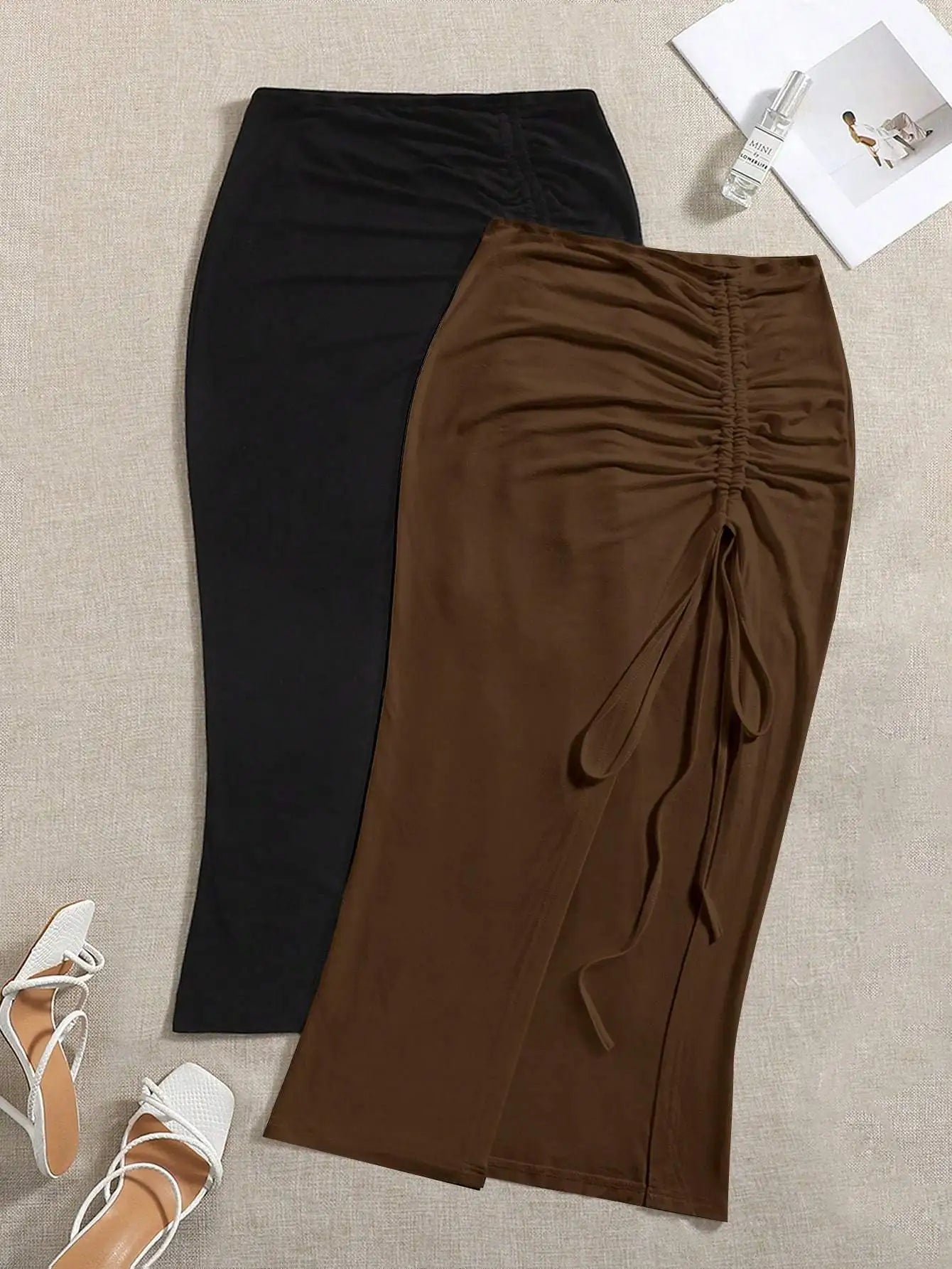 New women's elegant high waist knitted polyester skirt, solid color spring, summer and autumn long skirt, drawstring side slit