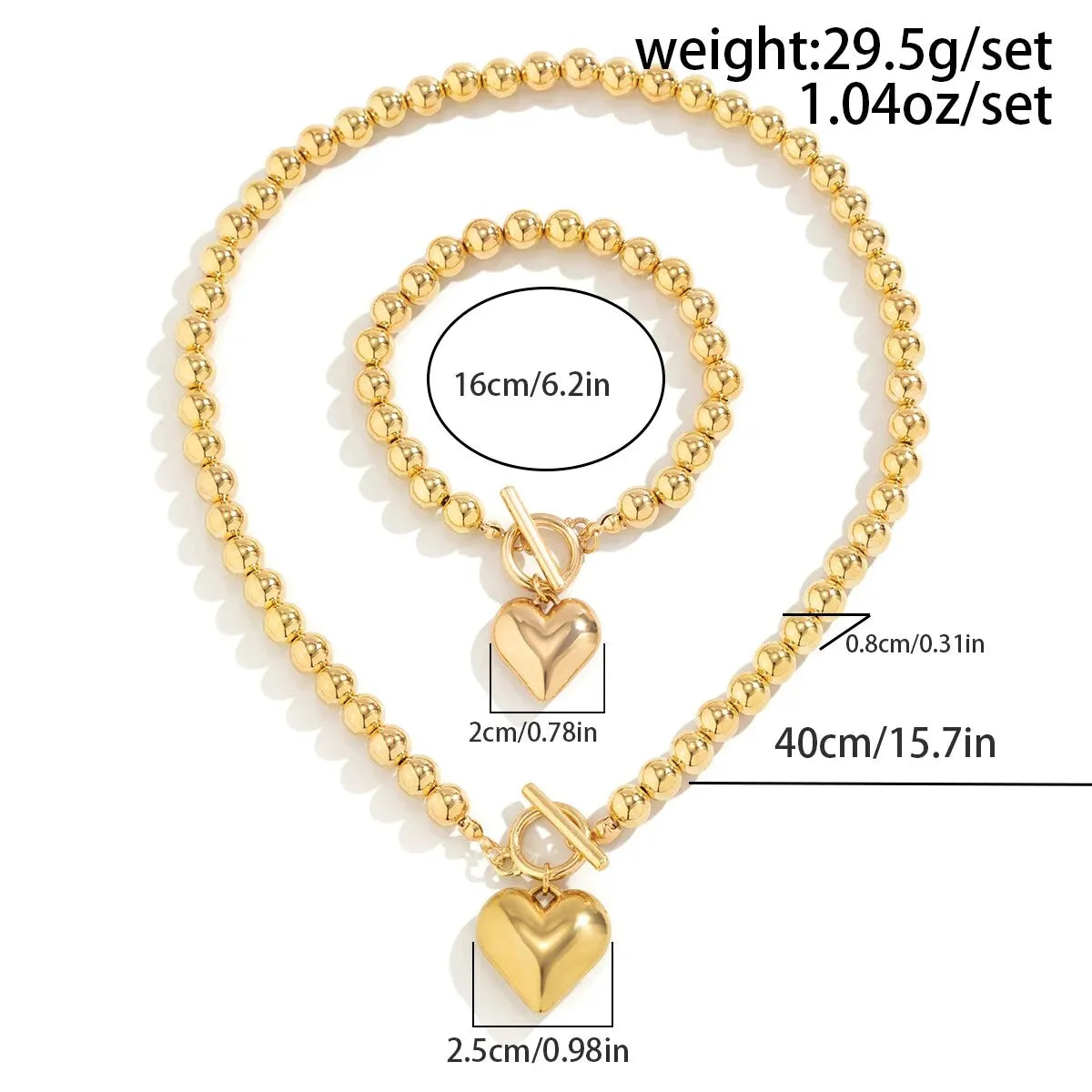 2Pcs Luxury Gold Color Beads Heart Pendant Necklace Bracelet for Women Punk Vintage OT Buckle Choker Wedding Party Jewelry Set