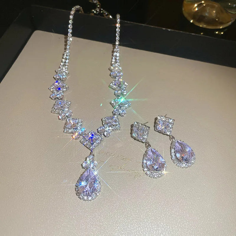 Inlaid Red Rhinestone Necklace Earring Set For Women Light Luxury Water Drop Choker Necklace Bridal Wedding Party Jewelry Sets