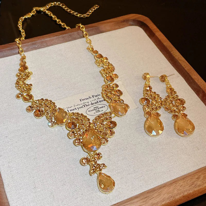 Inlaid Red Rhinestone Necklace Earring Set For Women Light Luxury Water Drop Choker Necklace Bridal Wedding Party Jewelry Sets