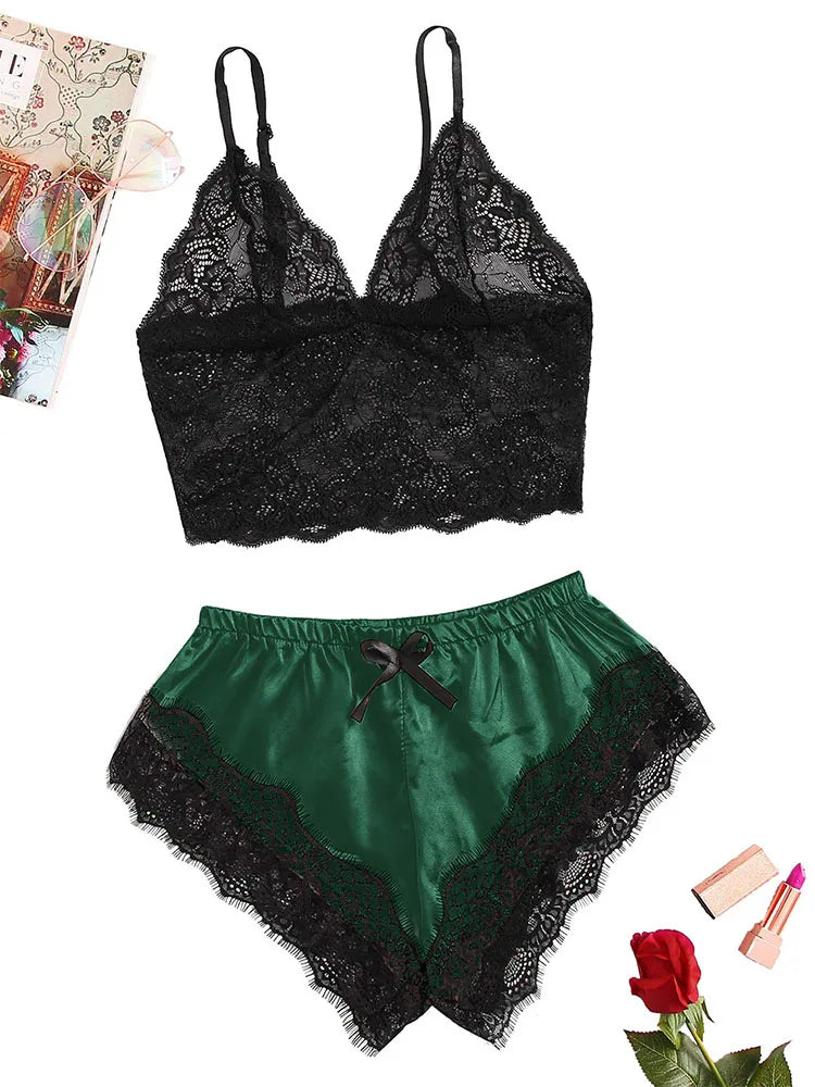Sexy Lace Pajama Set for Women 2Pcs Summer Sleepwear Lingerie Nightwear Black Lace Cami Top with Pink Shorts Comfortable